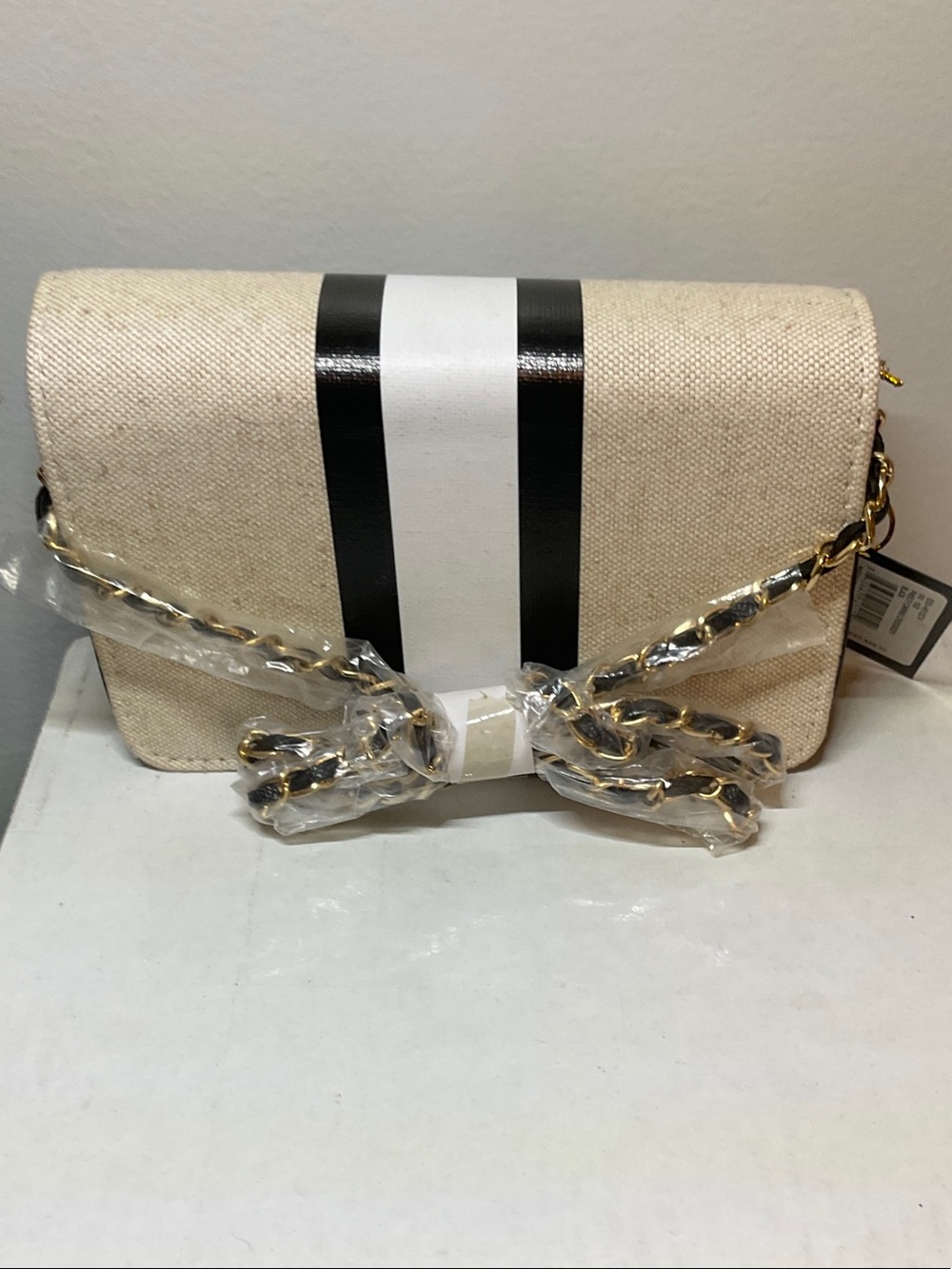 bebe Beige Canvas Crossbody Bag White Tan Stripe NWT - Picture 2 of 3